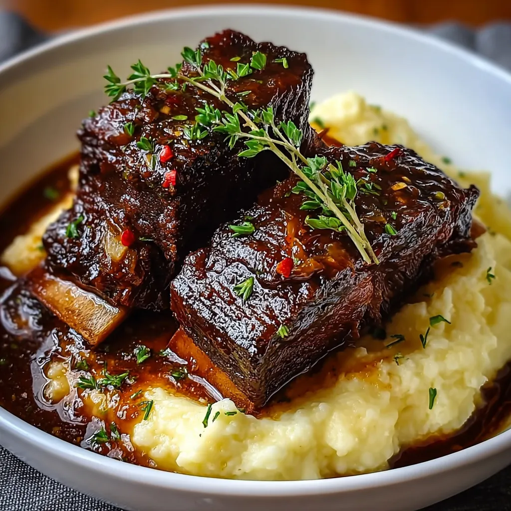 Close-up of tender Short Ribs & Garlic Mashed Potatoes, showcasing a delicious and comforting meal.