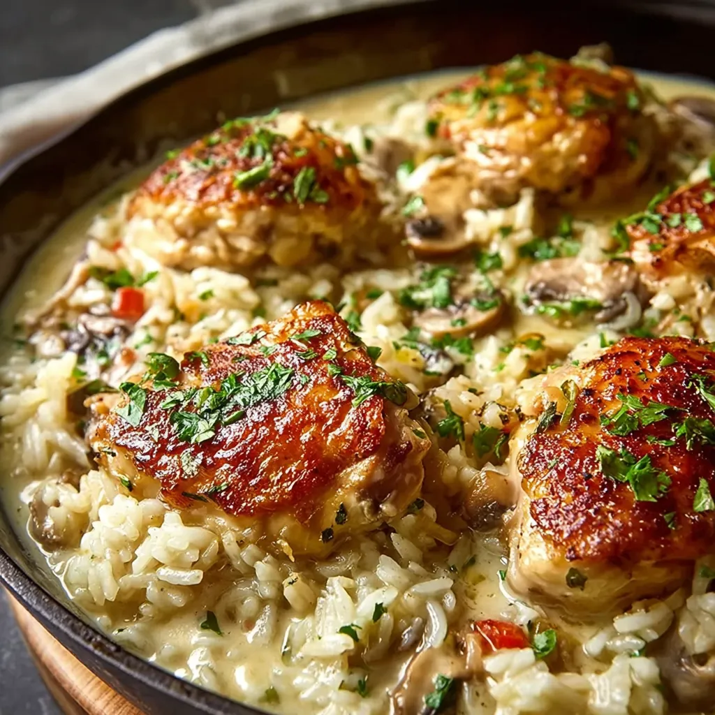 Close-up of creamy Smothered Chicken And Rice, showcasing the rich sauce and tender chicken pieces.
