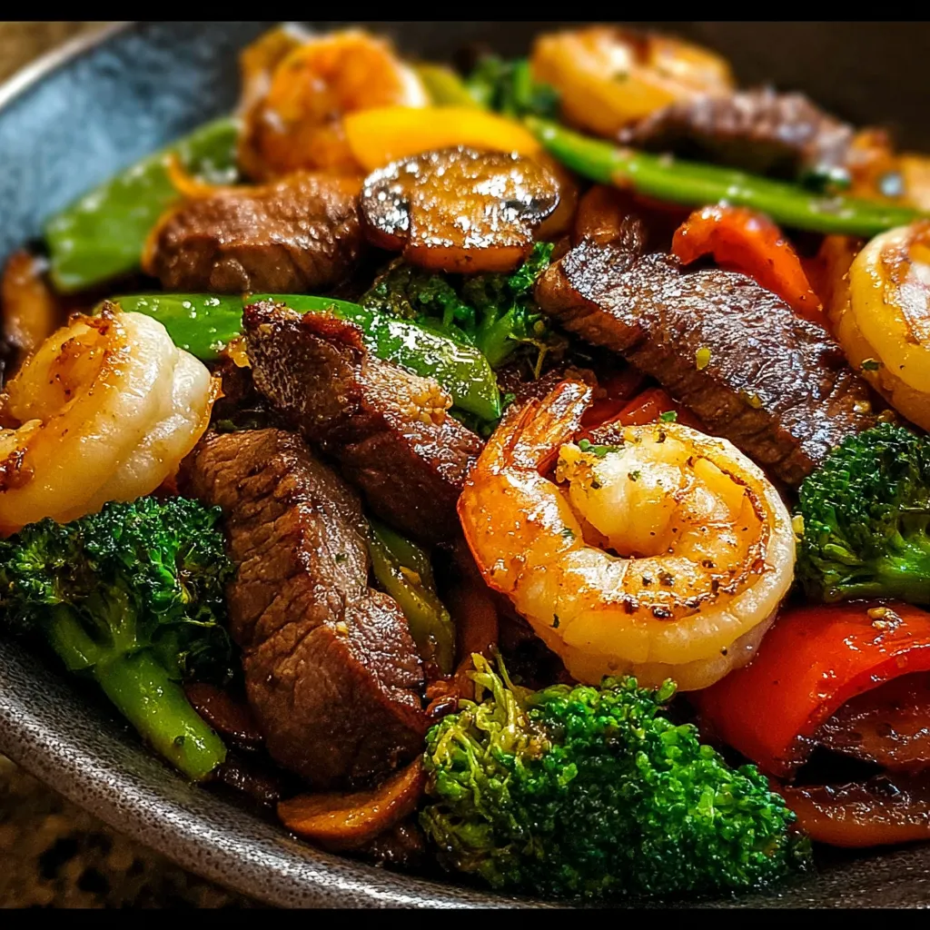 A close-up shot showcases the delicious Steak And Shrimp Stir Fry, highlighting the vibrant colors of the vegetables and perfectly cooked protein.