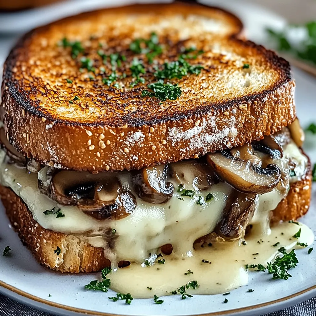 Close-up of a delicious Swiss Mushroom Melt Sandwich, highlighting the melted cheese and sauteed mushrooms.