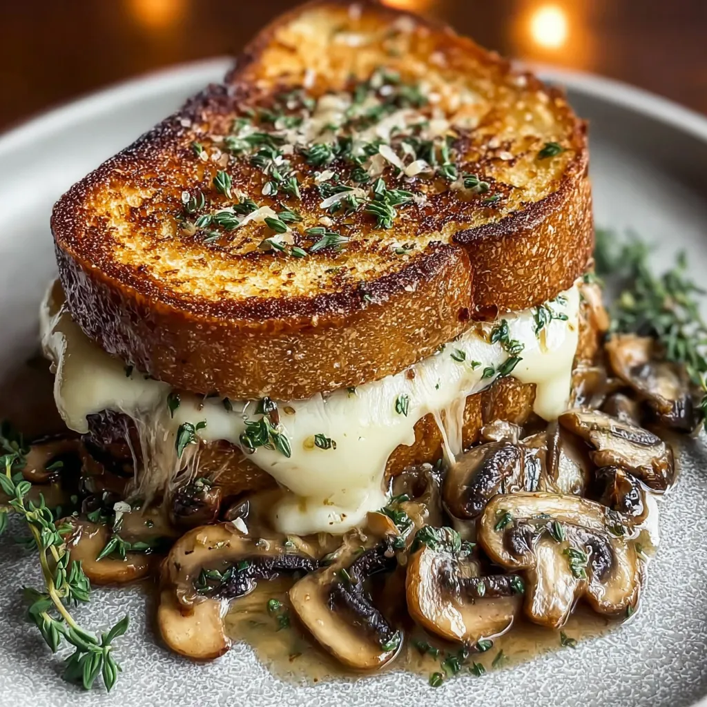 Close-up view of a delicious Swiss Mushroom Melt Sandwich showcasing melted cheese and sautéed mushrooms.