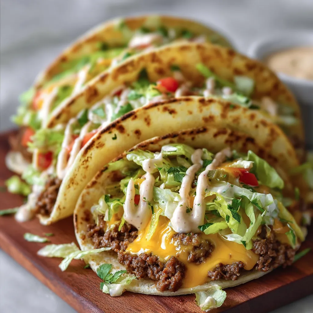 Close-up shot showcasing the layers of a delicious Big Mac Style Smash Burger Tacos, perfect for a mouthwatering preview.