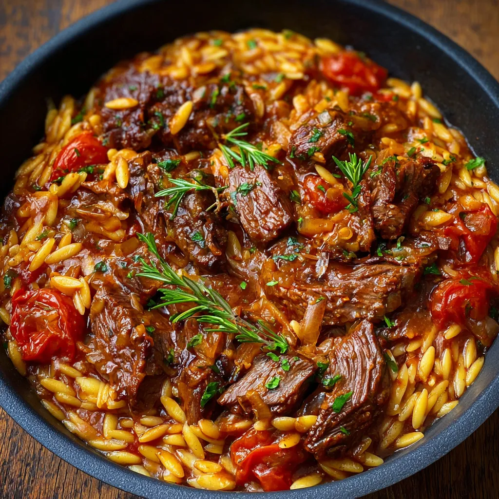 Close-up shot of delicious Braised Beef And Orzo, showcasing the tender beef and perfectly cooked orzo pasta.