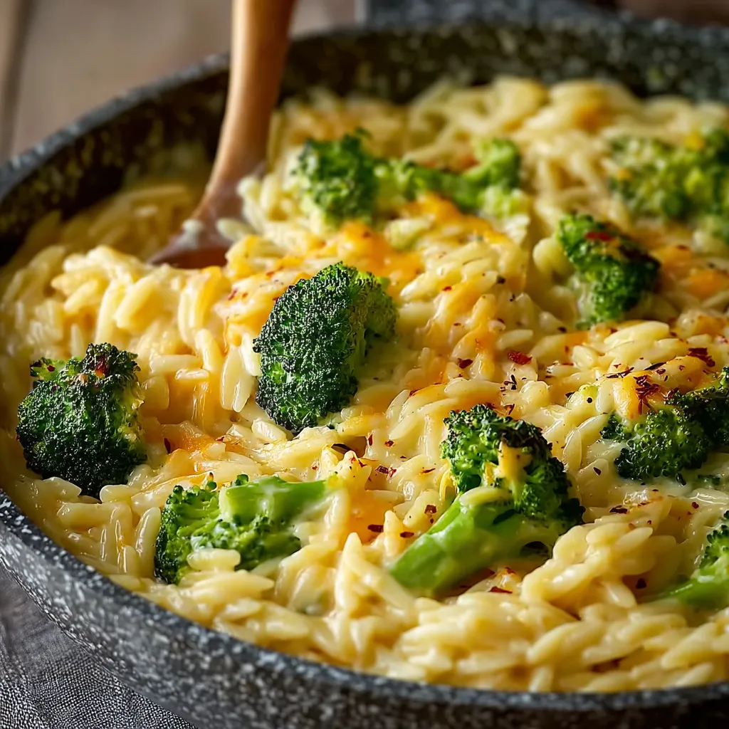 Close-up shot of creamy Broccoli Cheddar Orzo, showcasing the cheesy sauce and tender broccoli florets.
