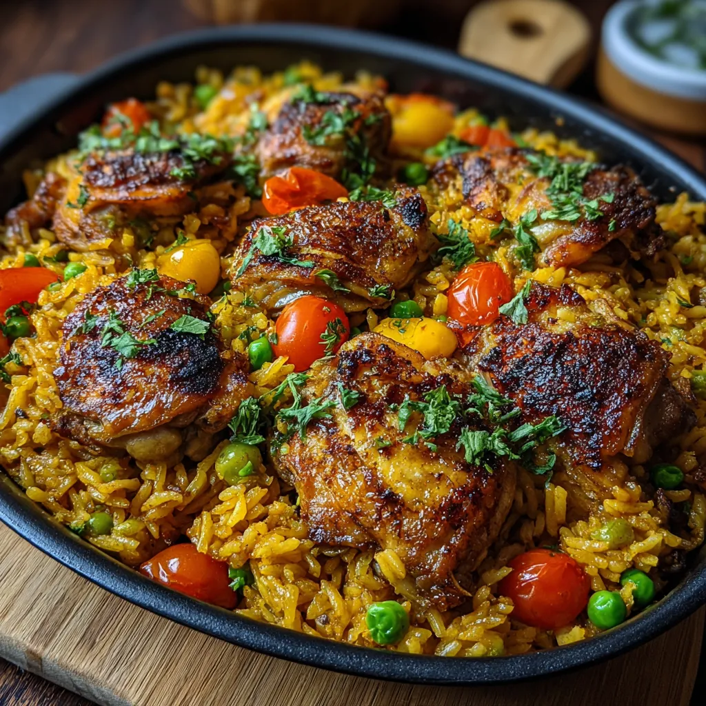 Close-up shot of vibrant Caribbean Chicken And Rice, showcasing the colorful peppers and tender chicken.