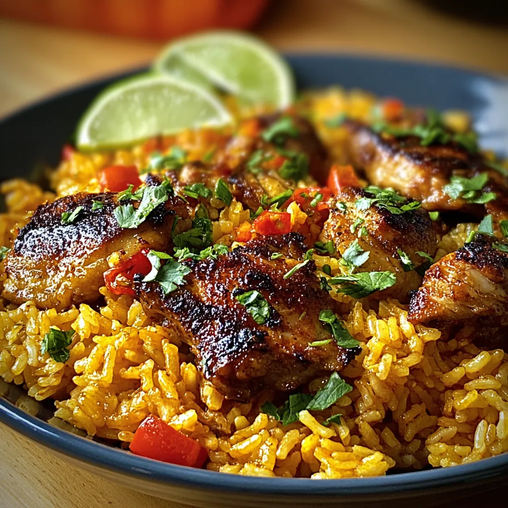 Close-up shot of a flavorful Caribbean Chicken And Rice Dinner, showcasing the vibrant colors and textures of the dish.