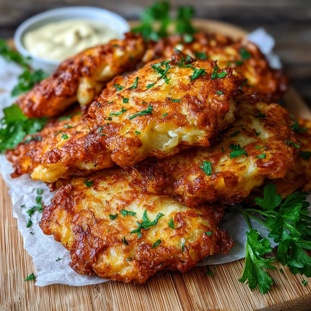 Close-up shows golden-brown Cheesy Chicken Fritters, highlighting their crispy texture and cheesy filling.