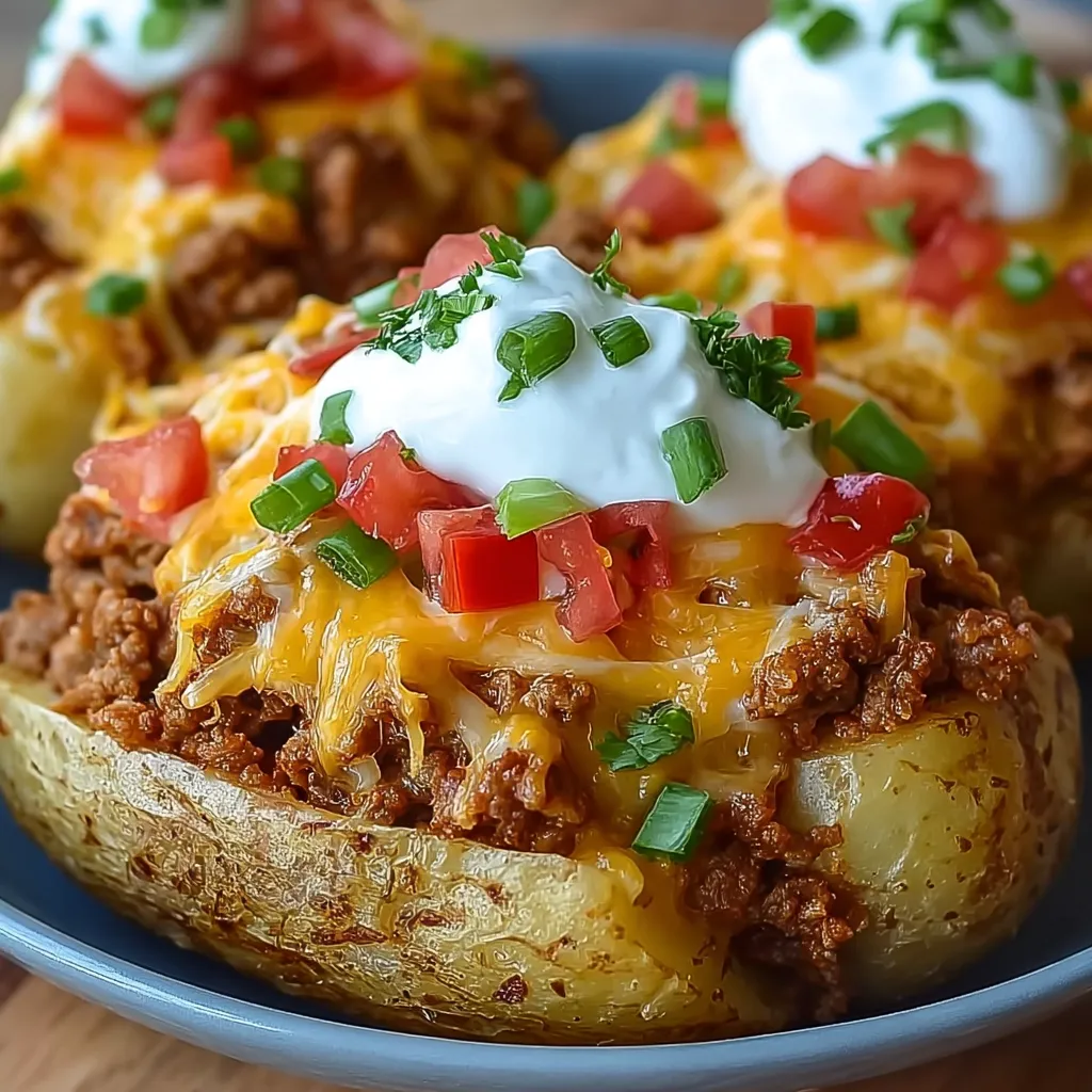 Close-up of a delicious Cheesy Taco Potato with melted cheese, seasoned ground beef, and fresh toppings.