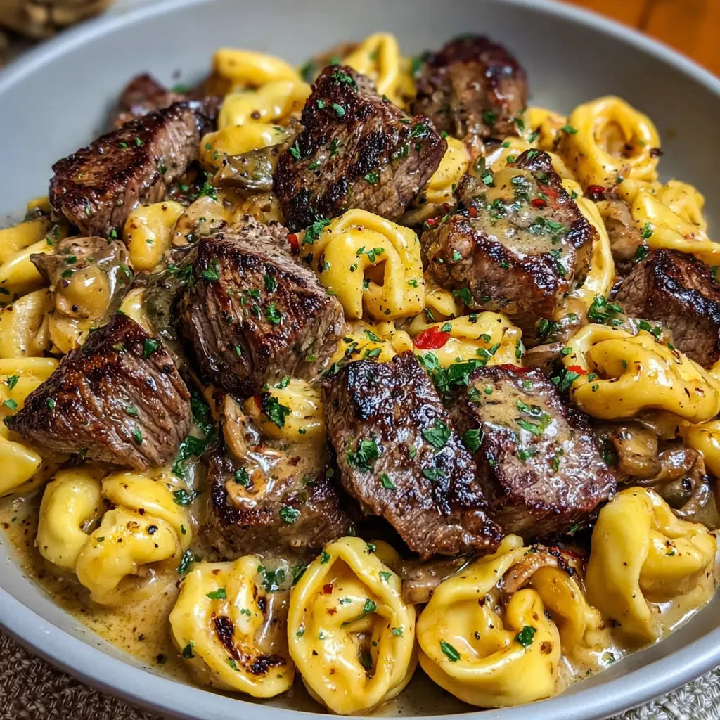 Close-up showcases delicious Cowboy Butter Tortellini Steak Bites, ready to be enjoyed.