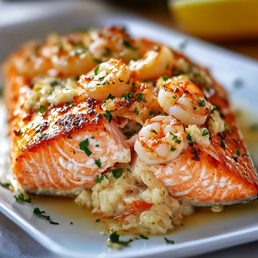 Close-up view of delicious Crab Shrimp Stuffed Salmon ready to be served, complementing the main course image.