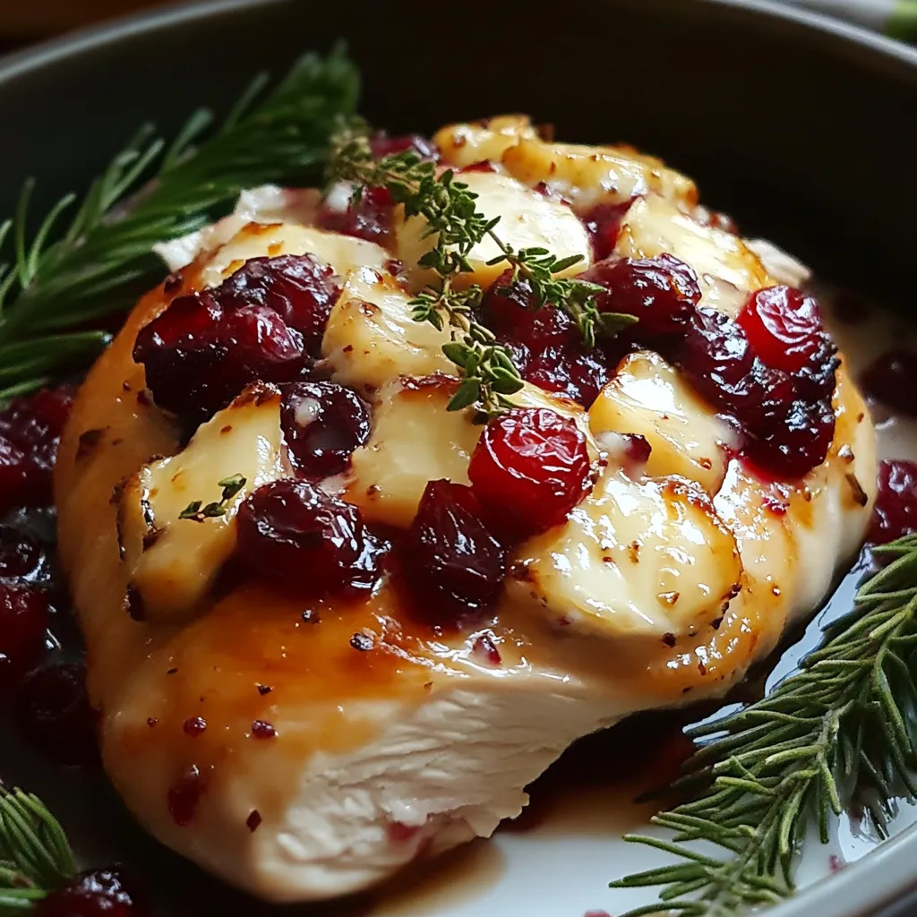 Close-up of juicy Cranberry Brie Stuffed Chicken, showcasing the melted brie and cranberries.