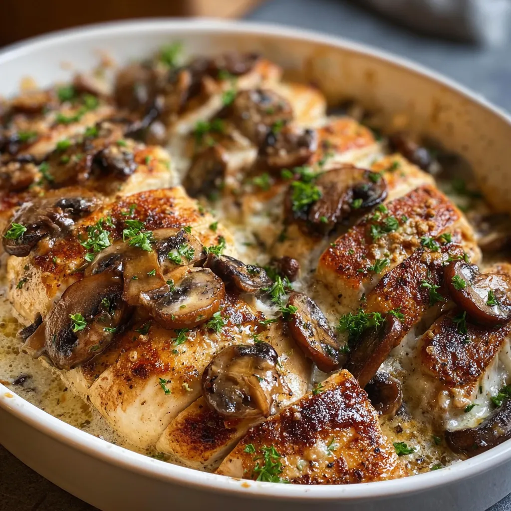 Close-up of the finished Creamy Caesar Chicken Bake with Mushrooms-Easy Dinner, showcasing the creamy sauce, tender chicken, and golden-brown mushrooms.