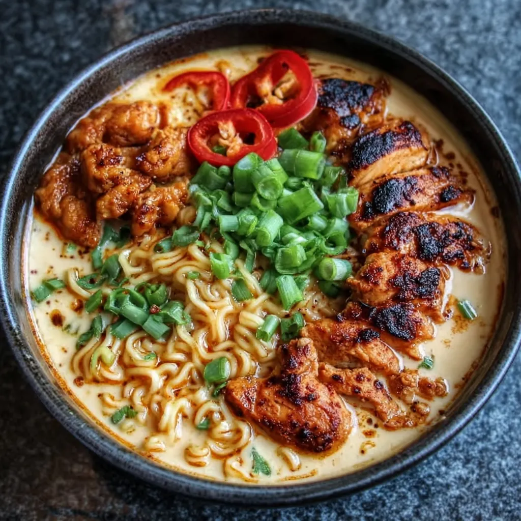 Close-up of a bowl of Creamy Chicken Ramen with visible broth, noodles, and chicken pieces.