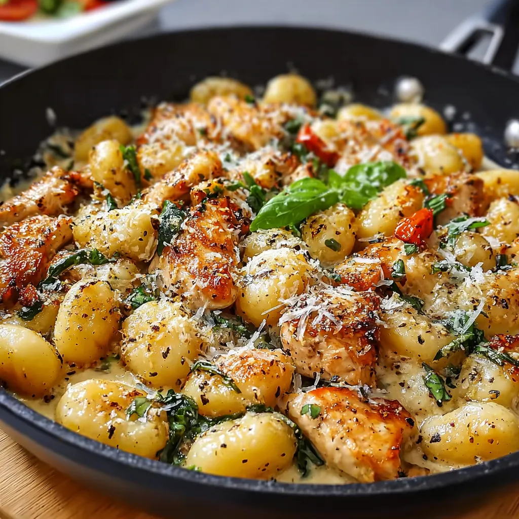 Creamy Garlic Chicken Gnocchi Skillet served in a skillet, showcasing its creamy texture.