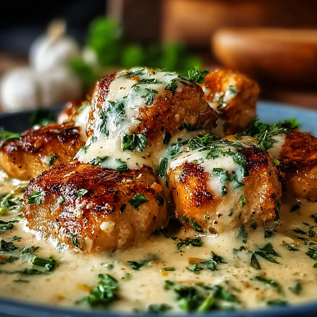 Close-up shows the rich, creamy texture of the prepared Creamy Garlic Sauce For Chicken, ready to be served.