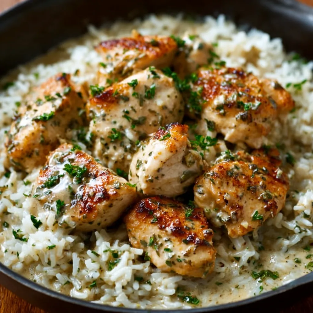 Close-up of the delicious Creamy Herb Chicken And Basmati Rice dish showcasing its creamy sauce and fluffy rice.