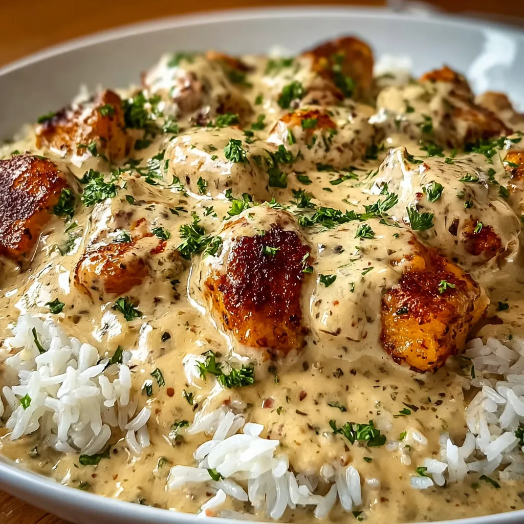 Close-up of delicious Creamy Smothered Chicken And Rice, showcasing the creamy sauce and tender chicken pieces.