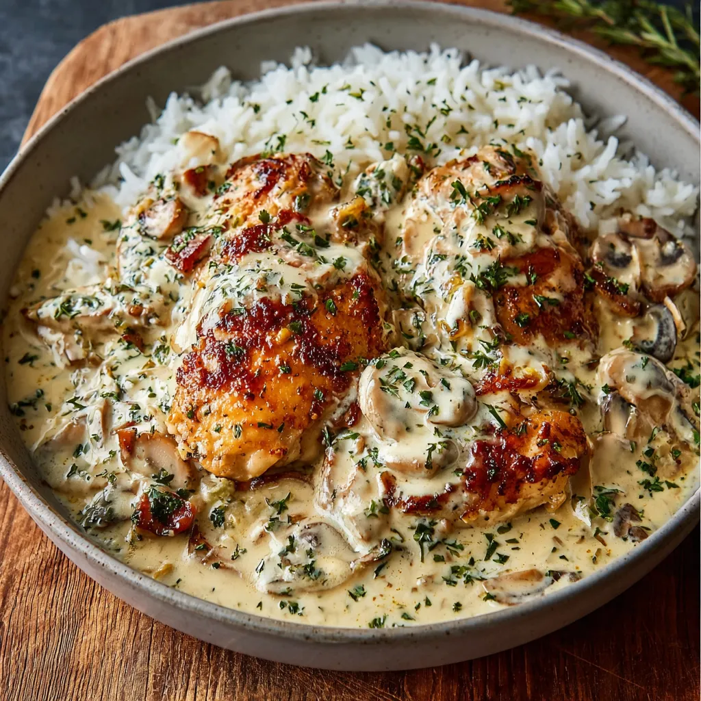 Creamy Smothered Chicken And Rice is presented as a second view of the prepared dish, showcasing its creamy sauce and rice texture.