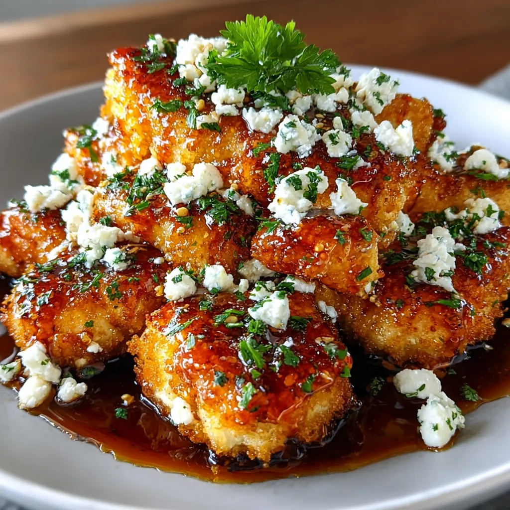 A close-up shows a juicy piece of Crispy Hot Honey Feta Chicken, glistening with honey and topped with crumbled feta, ready to be served.
