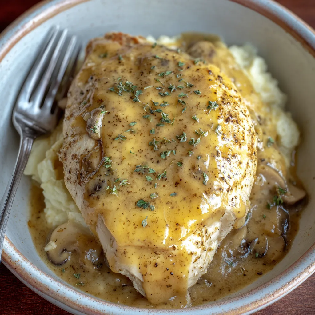 Close-up of prepared Crockpot Chicken And Gravy in a slow cooker, ready to be served.