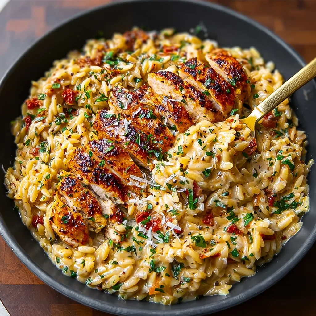 A close-up shot displays a creamy plate of Cajun Chicken Alfredo Orzo, showcasing the tender chicken and perfectly cooked orzo pasta.