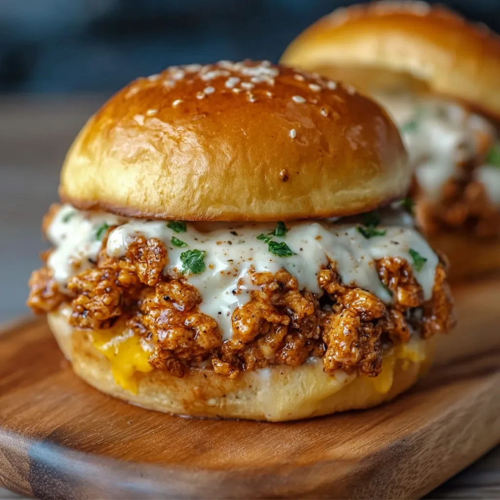 Close-up of flavorful Cajun Chicken Sloppy Joes filling with peppers and onions served on toasted buns.