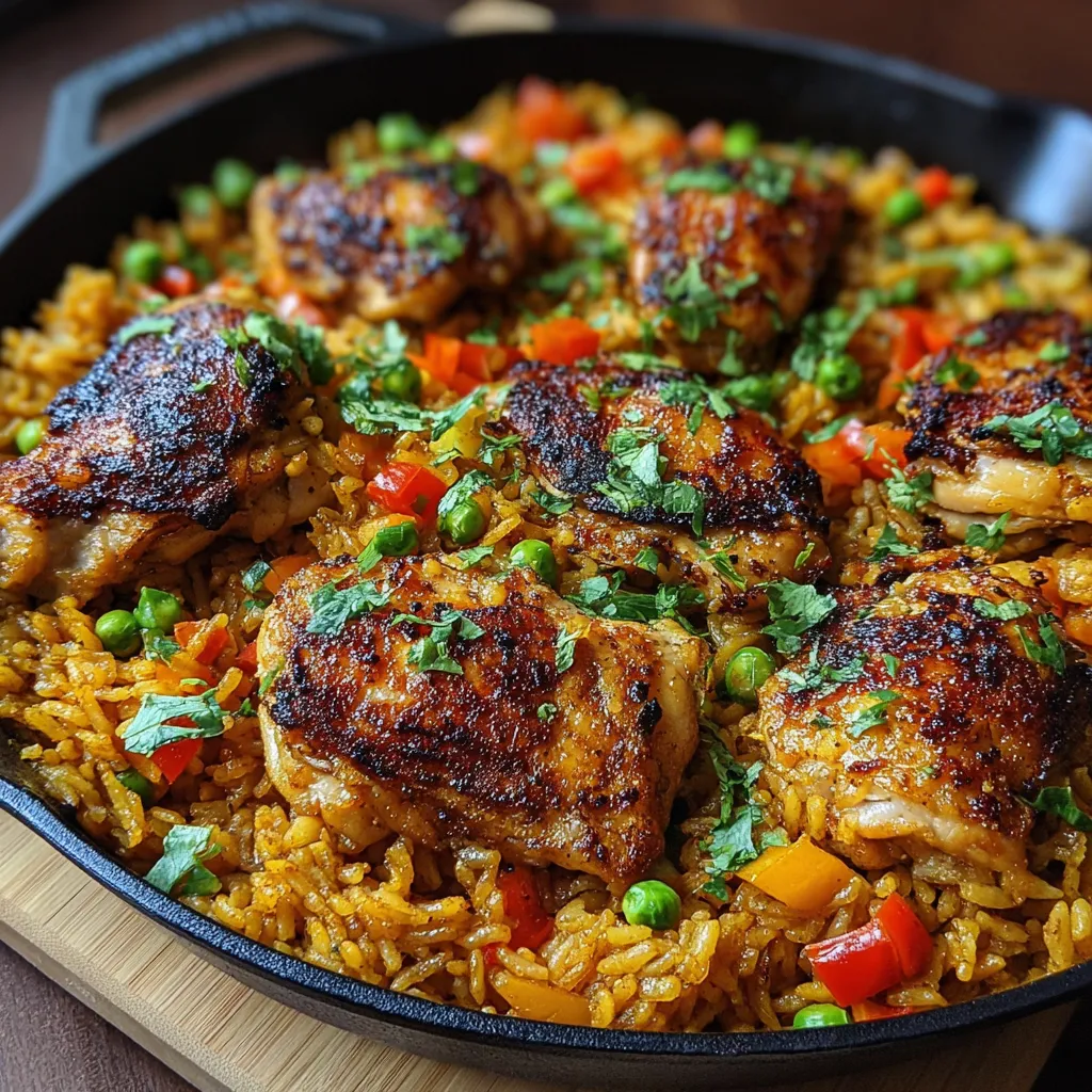 Close-up shot showcasing a vibrant serving of Caribbean Chicken And Rice, ready to eat.