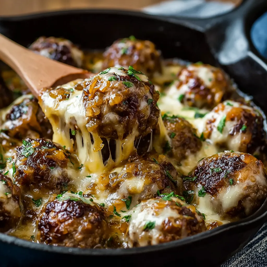 Close-up of Cheesy French Onion Meatballs showing their melted cheese topping, ready to be served.