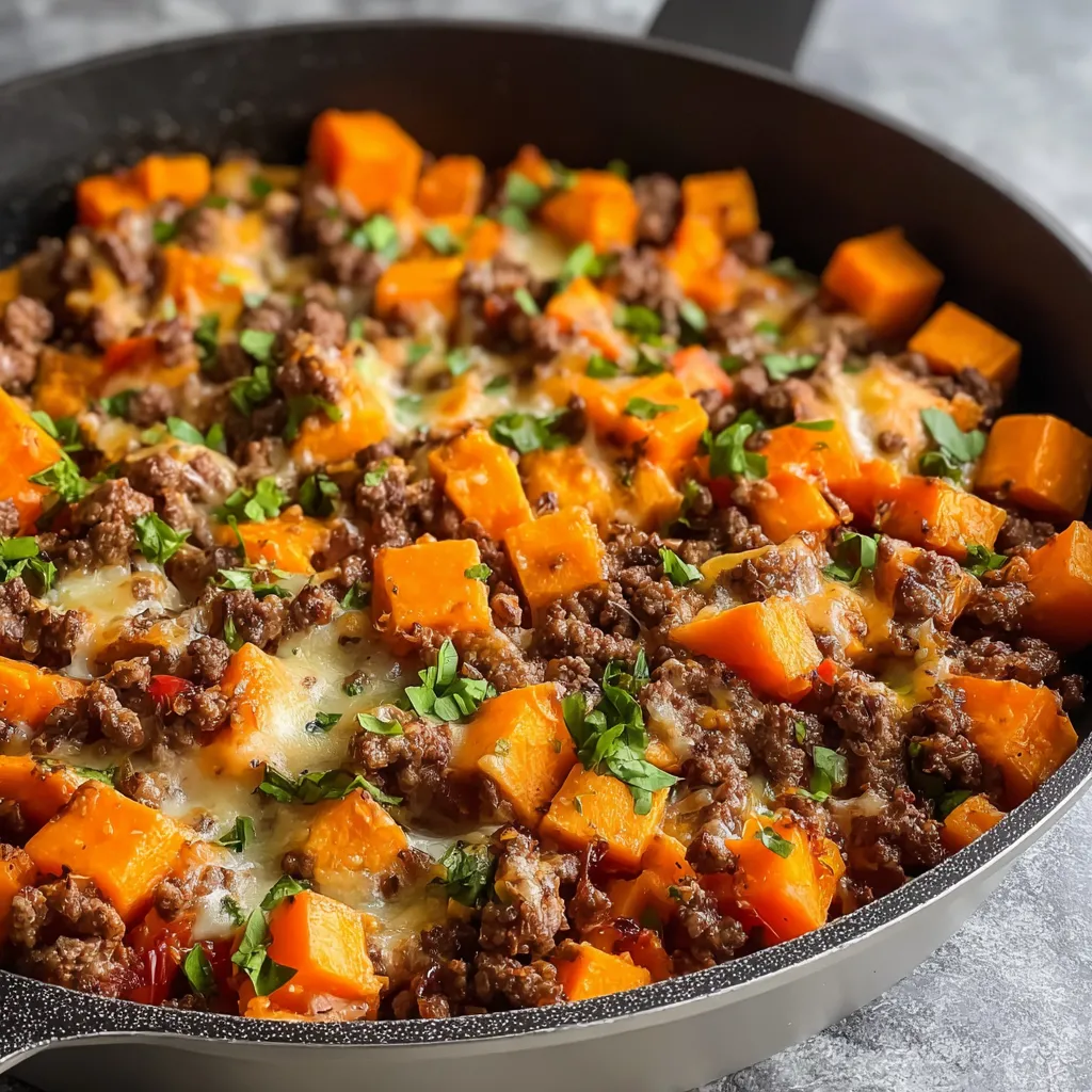 Close-up shot of a delicious Cheesy Tex-Mex Ground Beef Sweet Potato Skillet, showcasing the melted cheese and savory ingredients.
