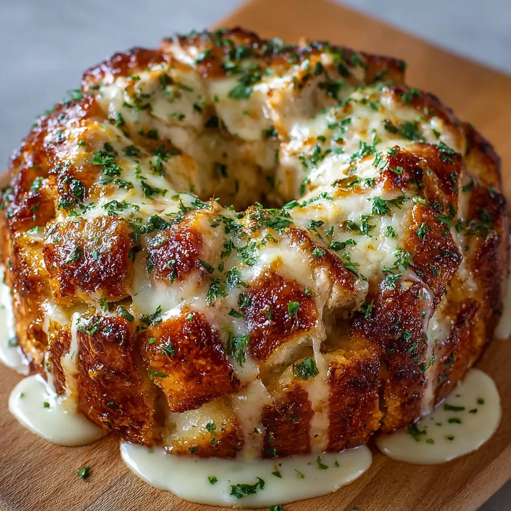 Close-up shows a golden-brown Chicken Alfredo Monkey Bread, showcasing the cheesy filling and savory chicken pieces.