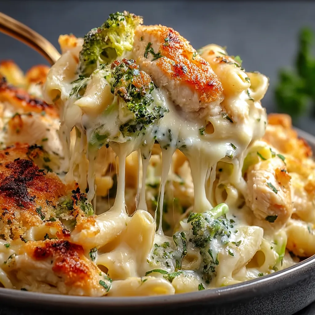 A close-up of a creamy Chicken Broccoli Alfredo Bake, ready to be served.