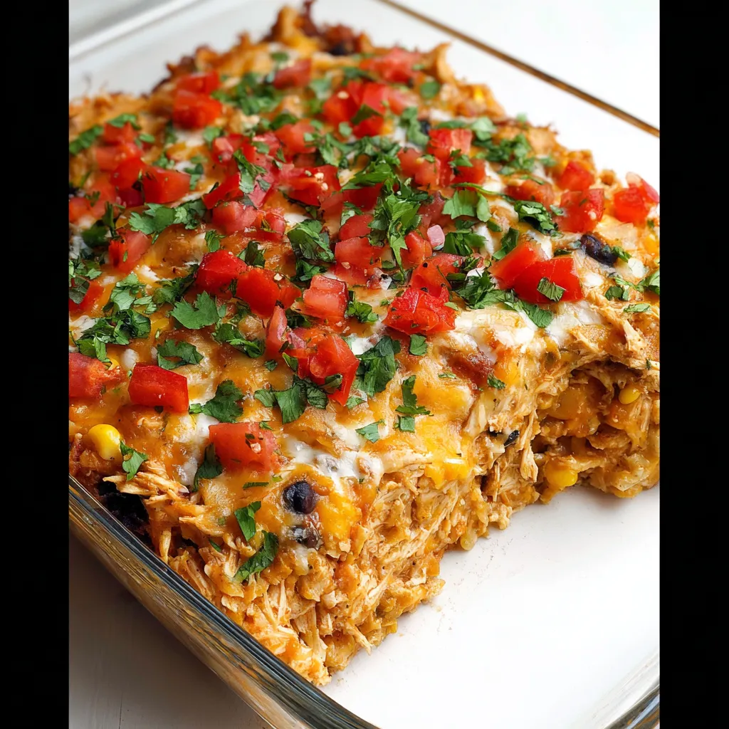 A close-up shot showcases the delicious layers of the finished Chicken Burrito Casserole, ready to be served.