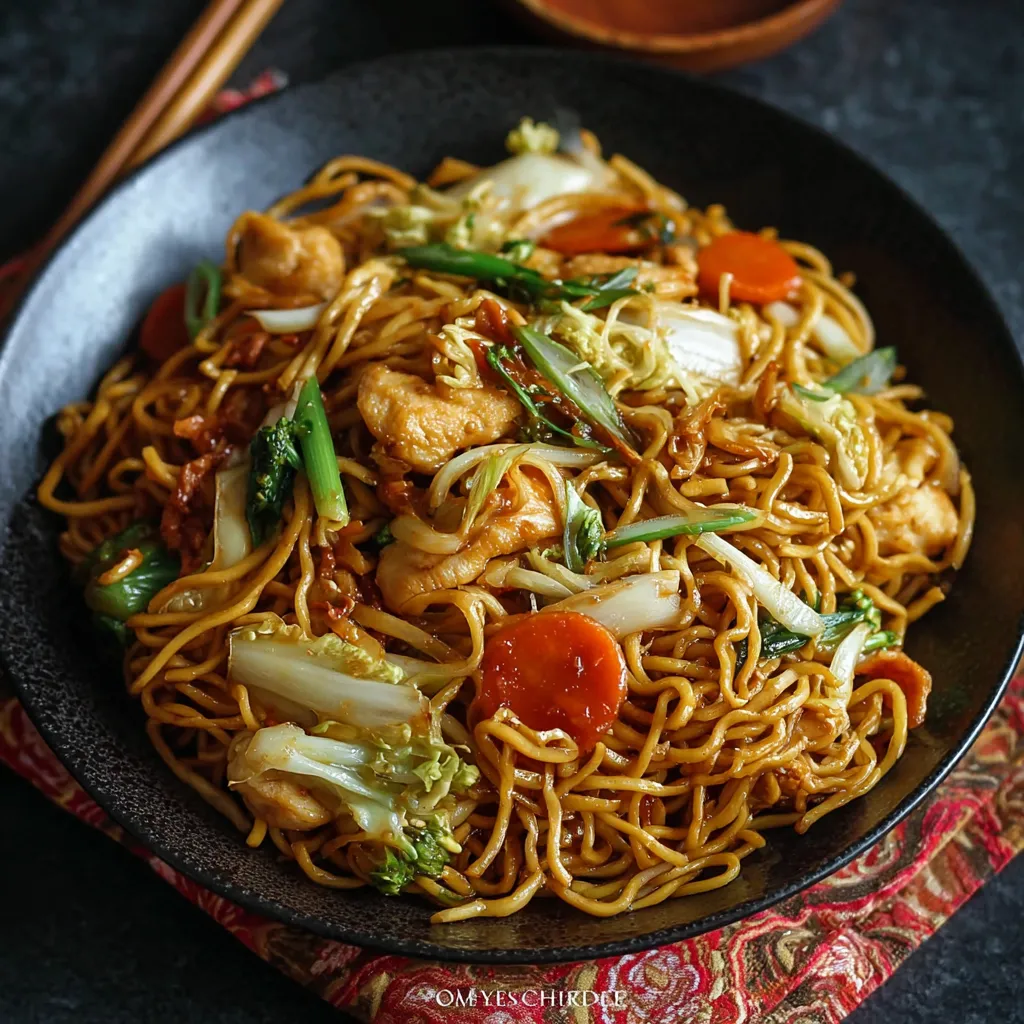 A close-up shot of freshly prepared Chicken Chow Mein showcases the vibrant vegetables and tender chicken.