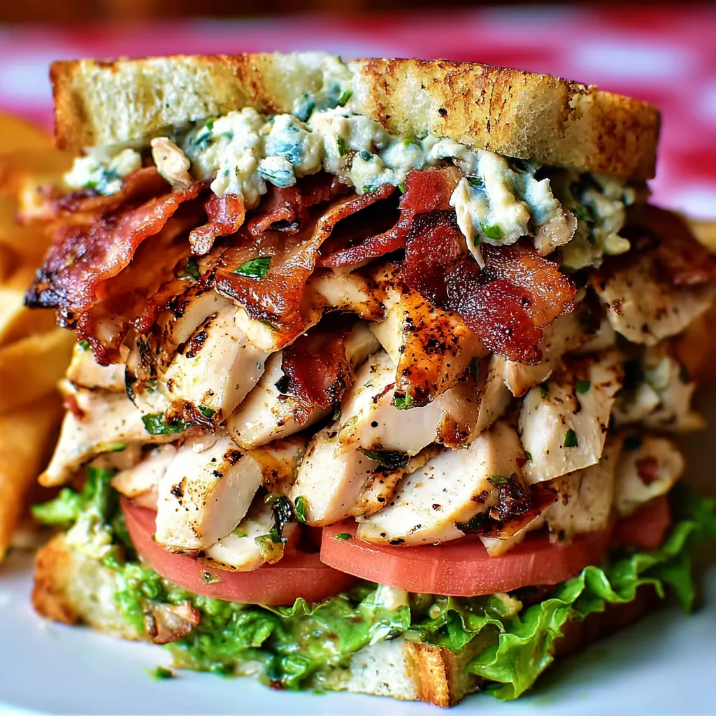 A delicious Chicken Club Sandwich is pictured, showcasing its layers of chicken, bacon, lettuce, and tomato.