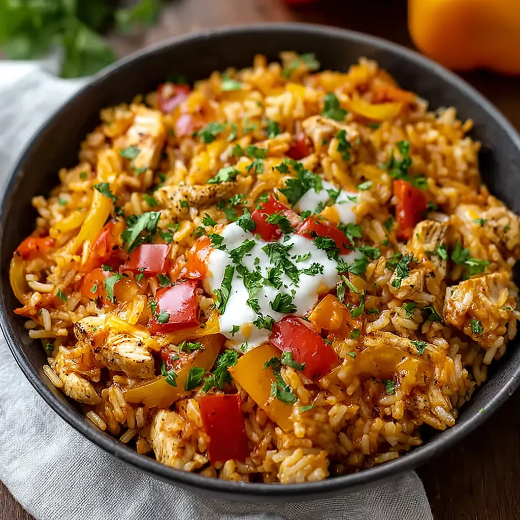 A close-up view of a freshly baked Chicken Fajita Rice Casserole, showcasing the melted cheese and colorful fajita vegetables.