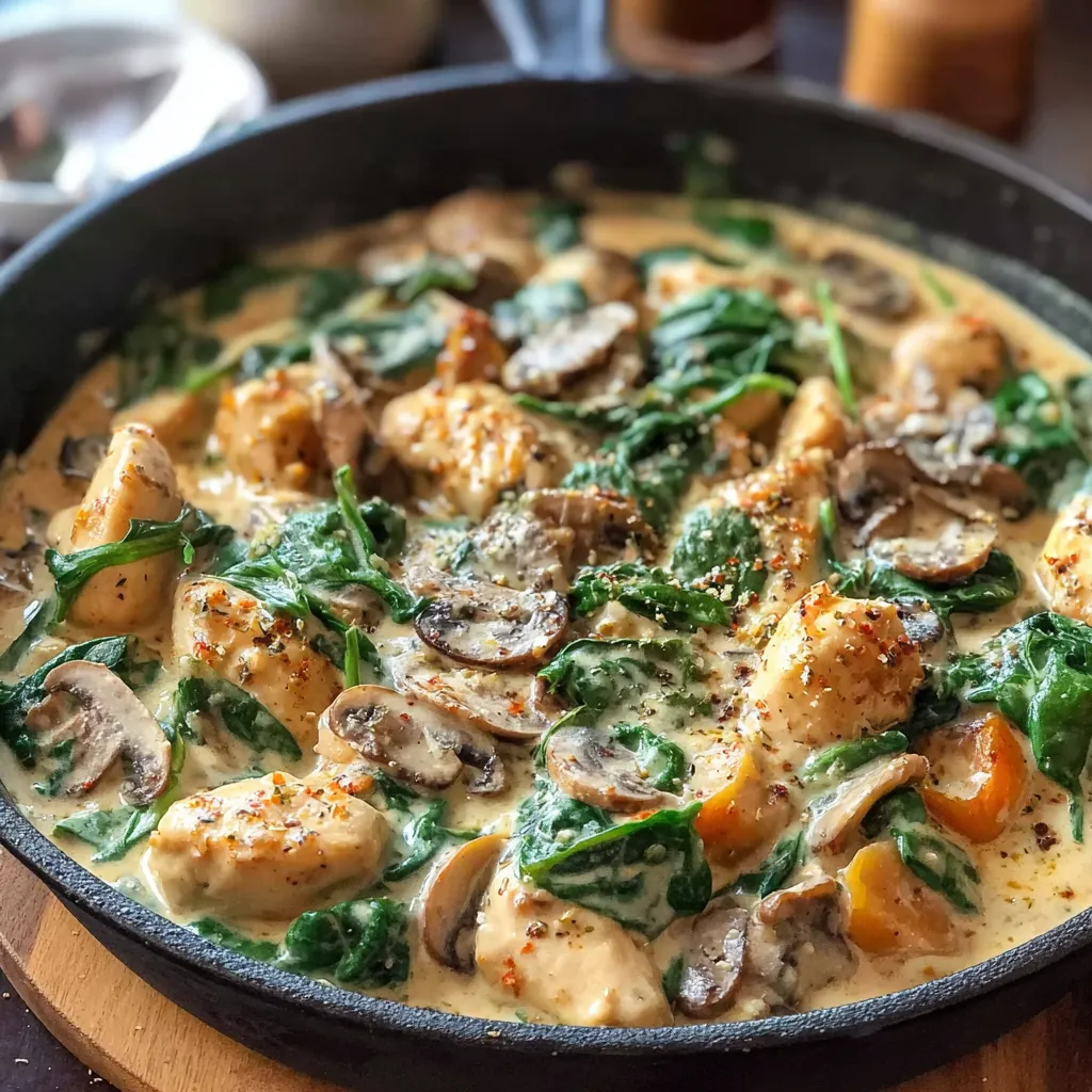 Close-up shot of a delicious Chicken Mushroom Spinach Skillet, showcasing the creamy sauce and vibrant vegetables.