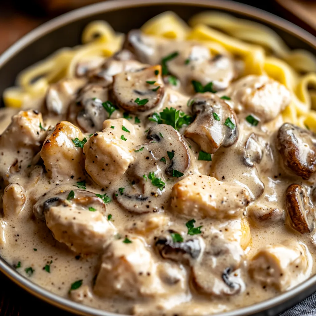 Creamy Chicken Mushroom Stroganoff served in a bowl, showcasing the delicious texture of the dish.