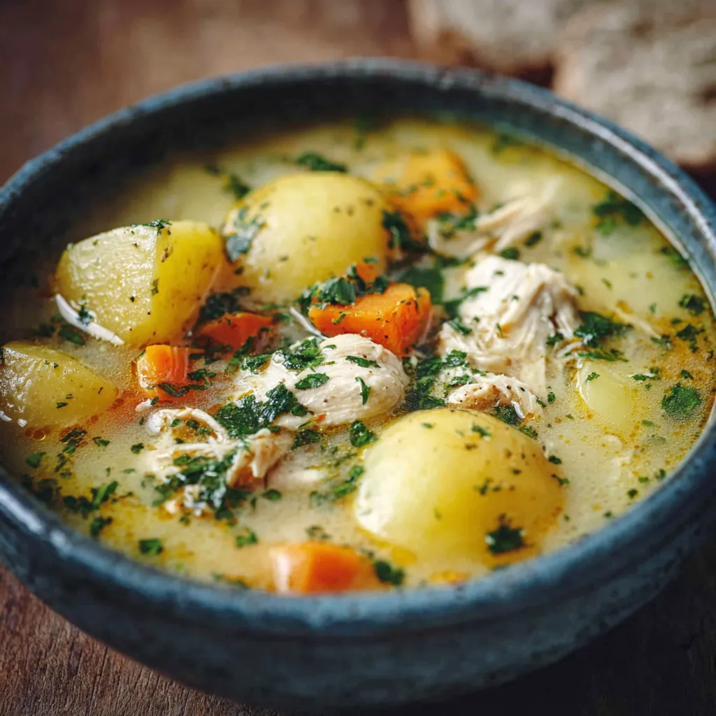 Close-up shot of savory Chicken Soup With Potatoes, showcasing the hearty broth, tender chicken, and soft potato chunks.