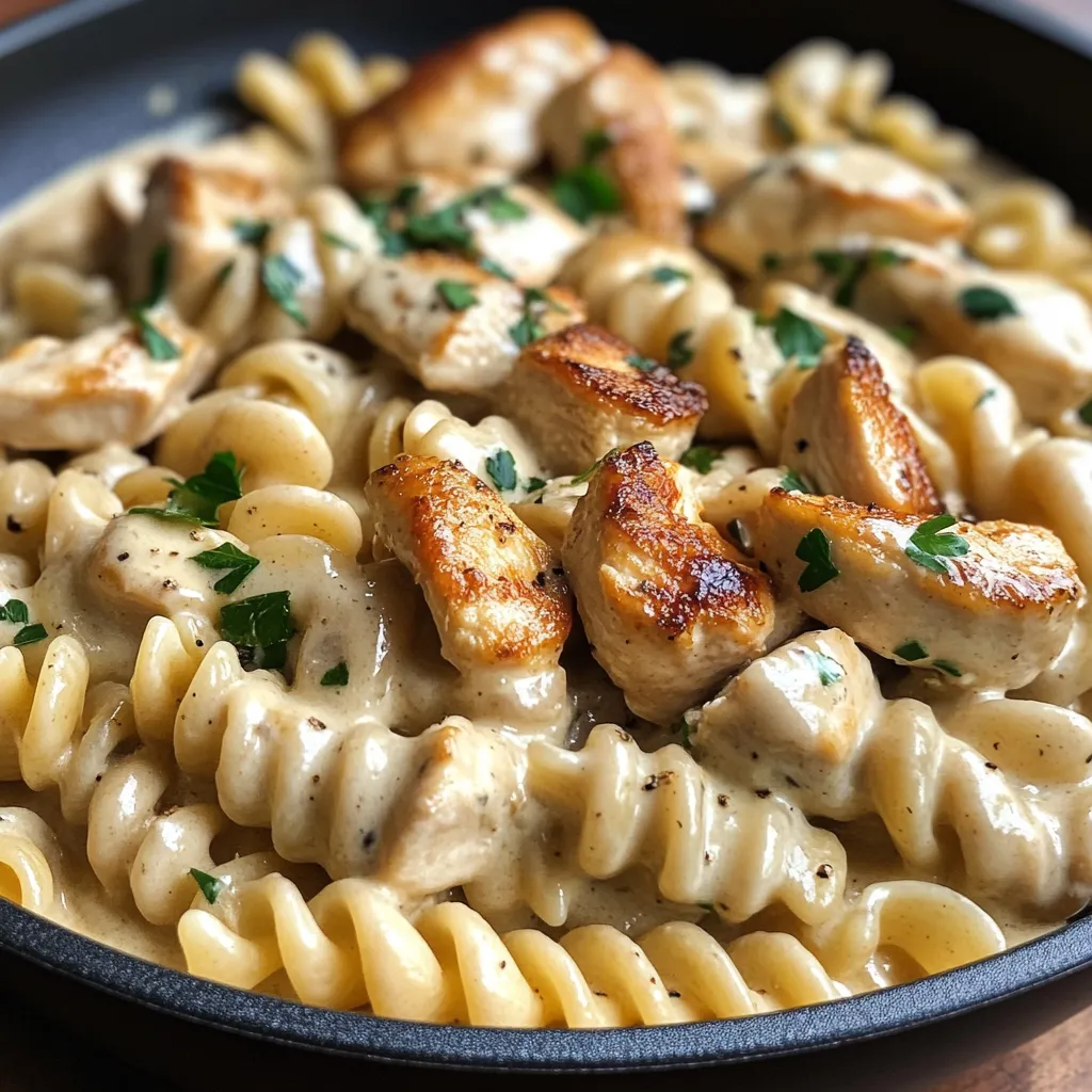 Close-up shot of delicious Creamy Chicken Pasta, highlighting its creamy sauce and tender chicken pieces.