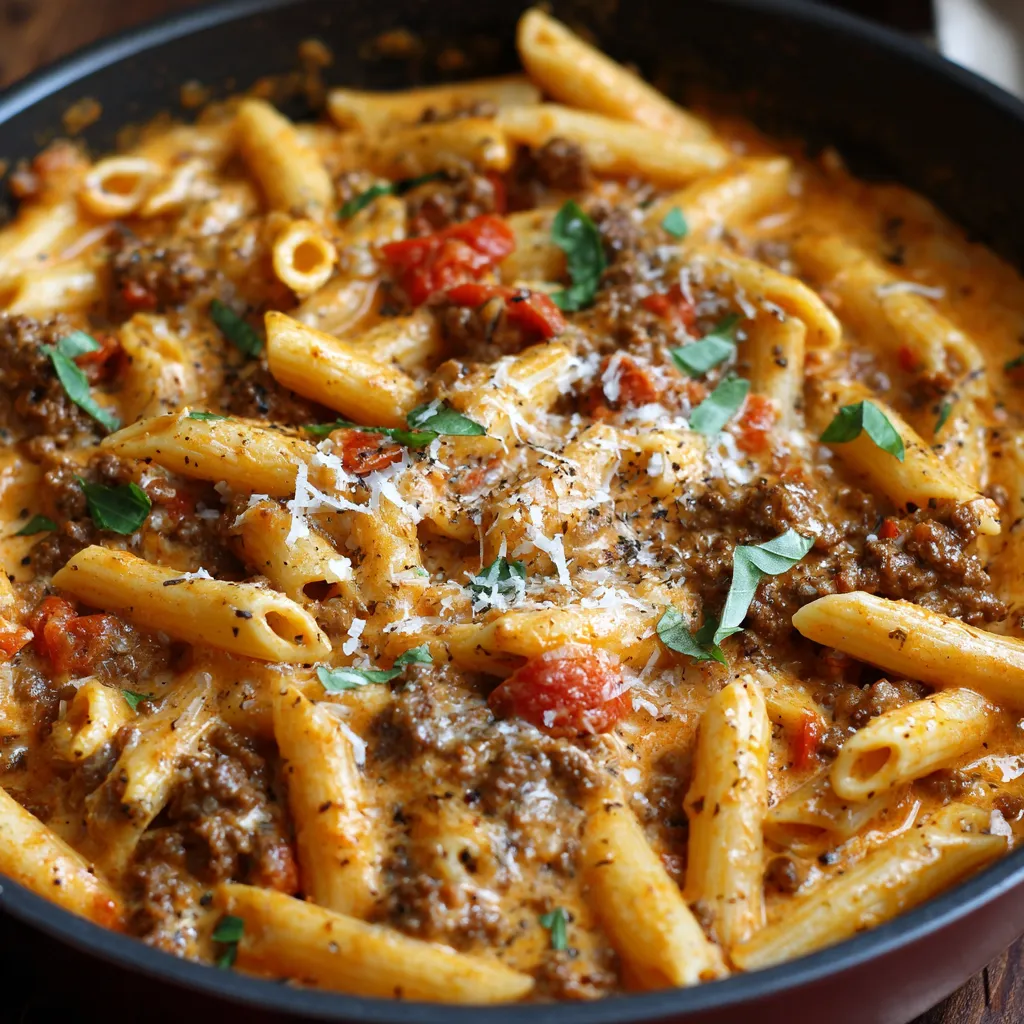 A close-up shot showcases a serving of Creamy Tomato Beef Pasta, highlighting the creamy sauce and tender beef.