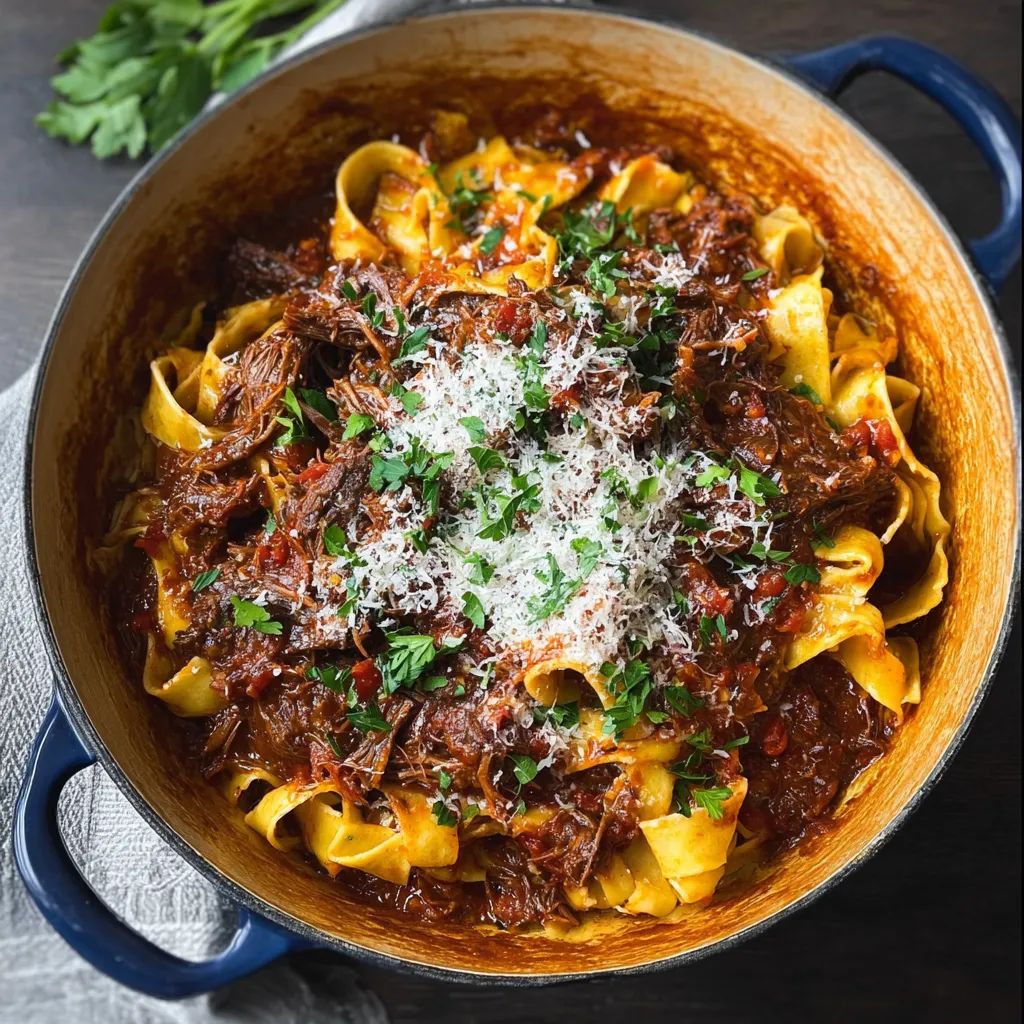 Close-up of rich and flavorful Dutch Oven Short Rib Ragu, showcasing tender beef and a vibrant tomato sauce.
