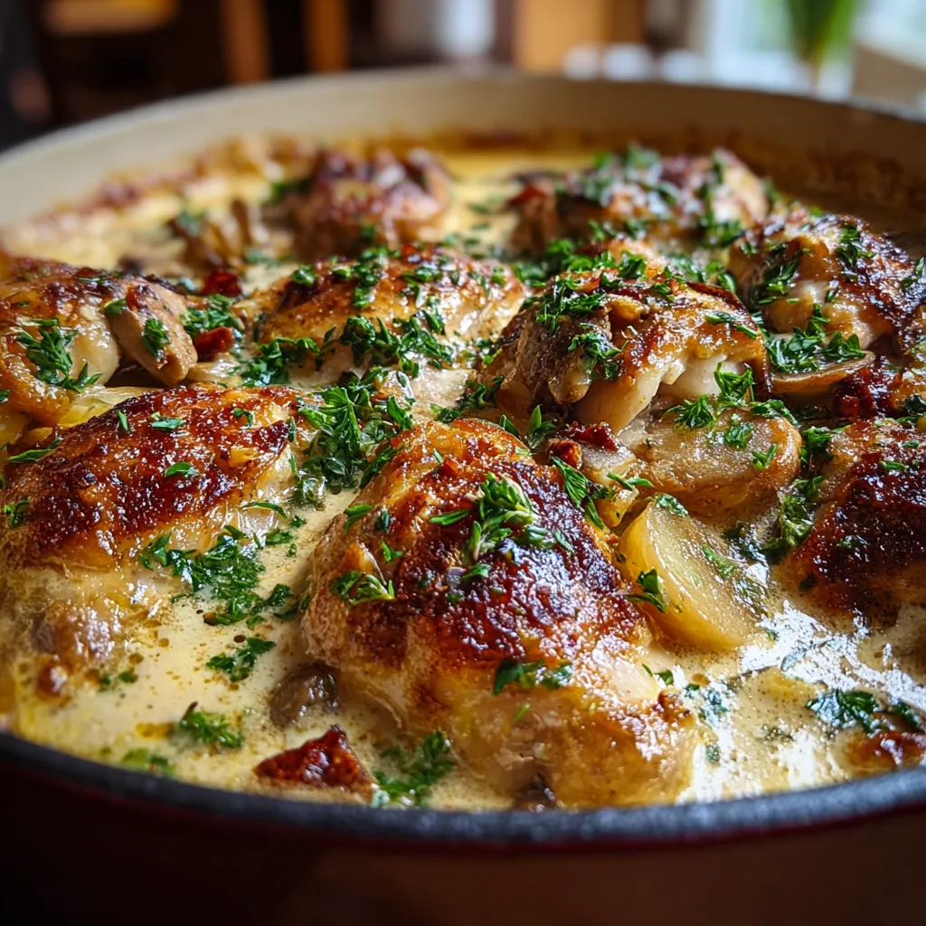Close-up shot of the creamy sauce and tender chicken pieces in a dish of French Chicken Casserole à la Normande.