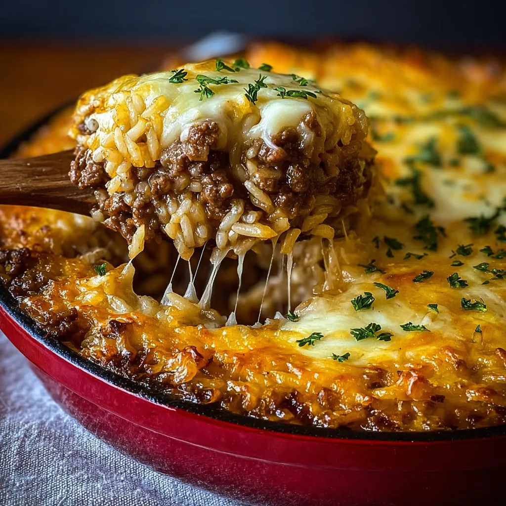Close-up view of a freshly baked French Onion Ground Beef Rice Casserole, showcasing its golden-brown cheesy top and bubbly, savory filling.