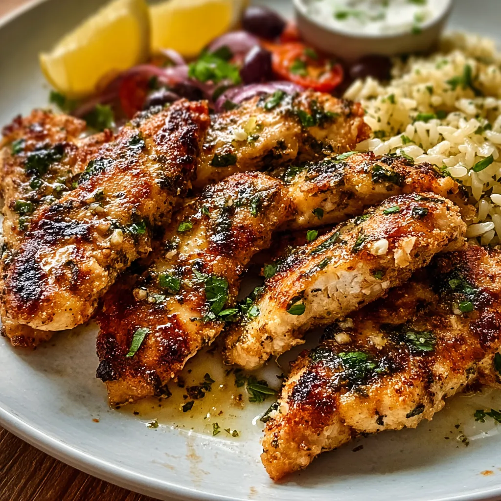 Close-up showing delicious, freshly baked Greek Chicken Tenders ready to be served.