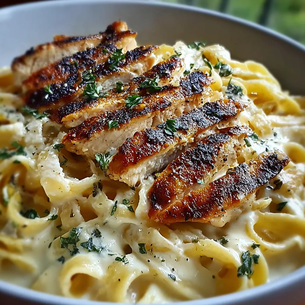 Close-up of creamy Grilled Chicken Alfredo Pasta, showcasing the perfectly grilled chicken and rich sauce.