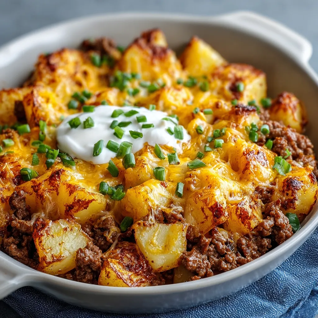 Close-up view of a freshly baked Ground Beef and Potatoes Casserole, showcasing the browned beef and tender potatoes.
