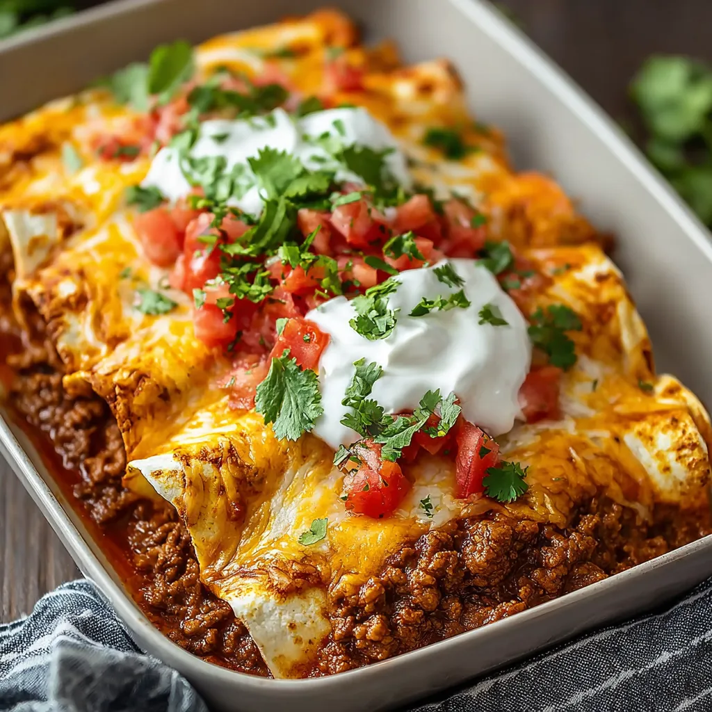 A close-up shot showcases delicious Ground Beef Enchiladas, a perfect second content image for the recipe.
