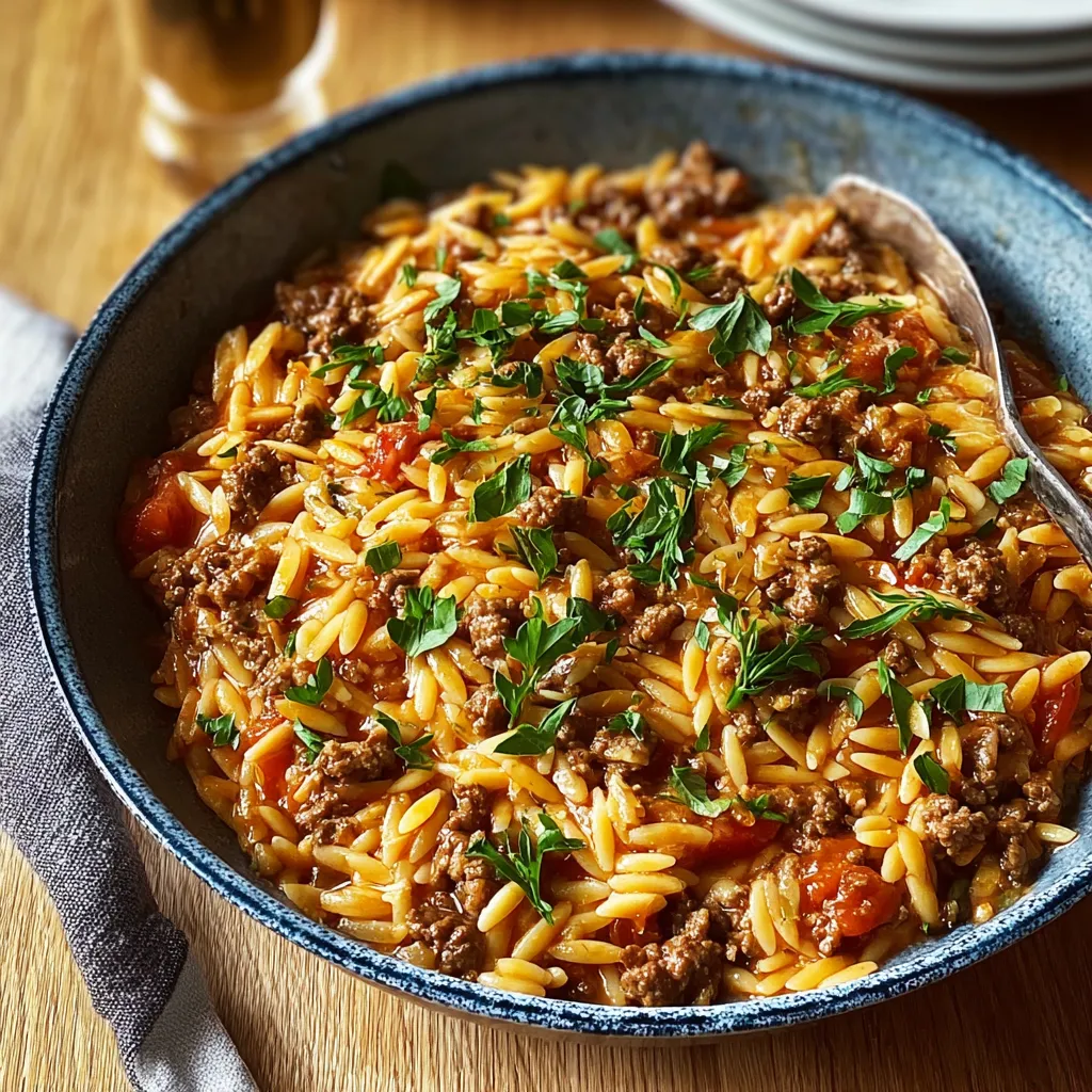 Close-up of a delicious Ground Beef Orzo dish ready to be served.