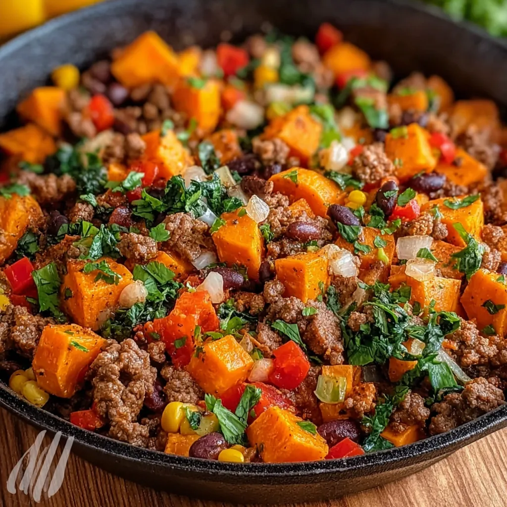 Close-up shot of a delicious Ground Beef Sweet Potato Skillet, showcasing the vibrant colors and textures of the dish.