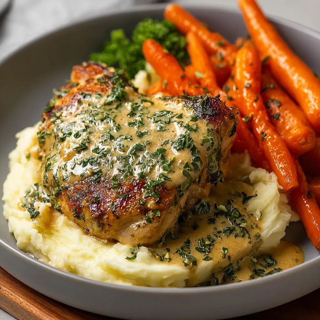 A beautifully plated Herb Chicken Dinner is shown as a second content image.